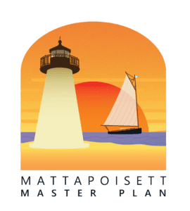 The Mattapoisett Master Plan logo. A graphic rendering of Ned's Point Lighthouse sits to the left in the foreground. In the background, a vintage catboat sits on a purple sea. The sun is deep orange and setting against a yellow sky. The text "Mattapoisett Master Plan" sits below this scene.