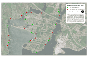 Map with red and green dots indicating the MS4 inspected or not inspected outfalls (evenly distributed red and green surrounding the land into the ocean