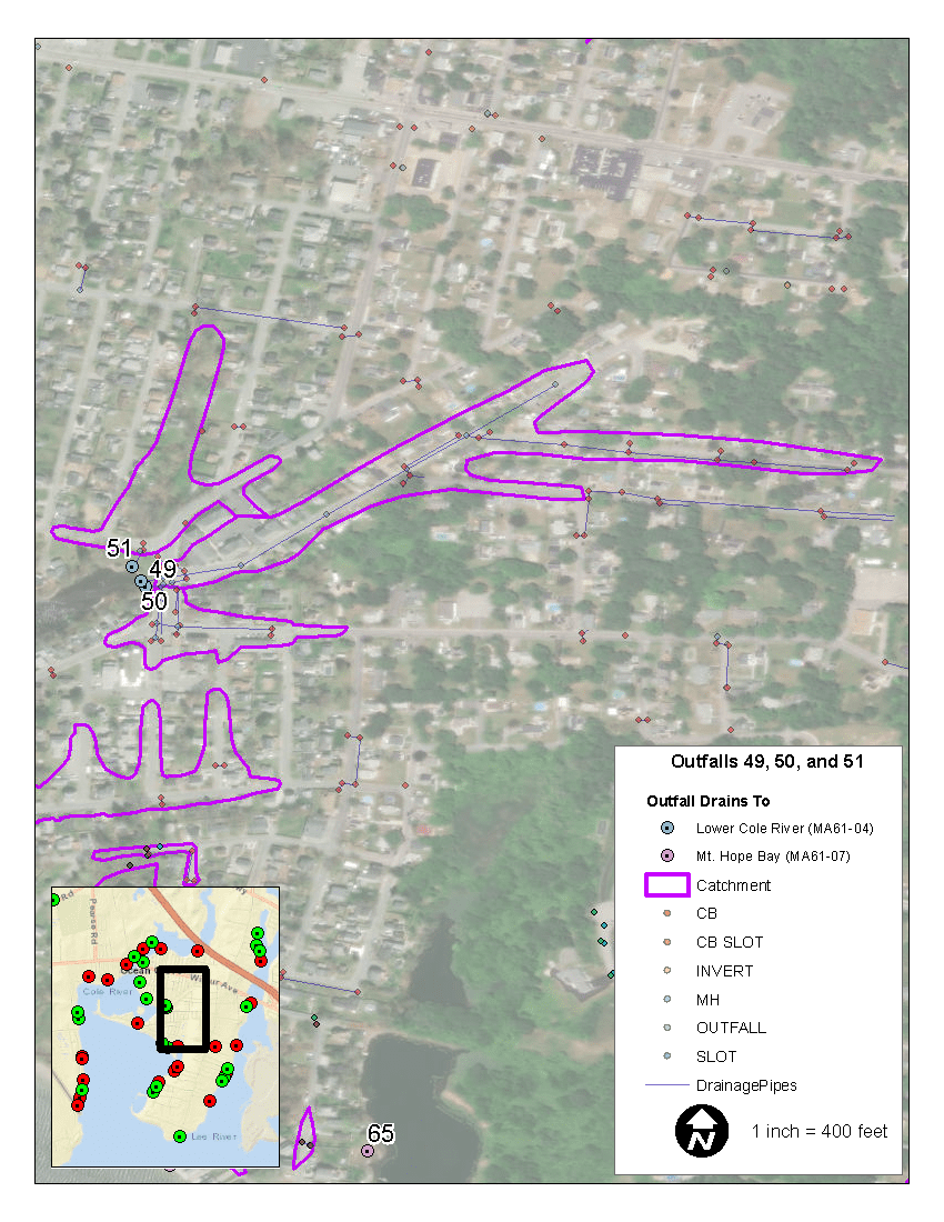 Map showing catchment in purple centering to outfalls 49, 50, and 51